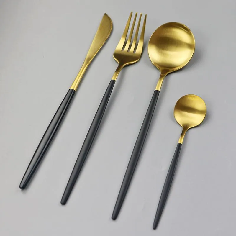 Besteck-Sets 24-teilig, schwarz, goldfarben, matt, Geschirr, Besteck-Set, Edelstahl, Geschirr, Zuhause, Messer, Gabel, Löffel, spülmaschinenfest, 12415