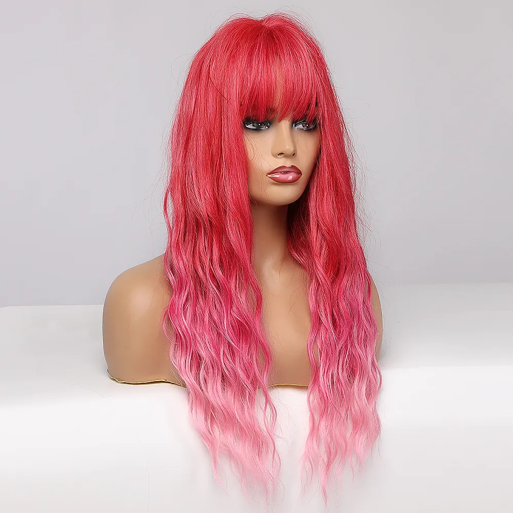 Long Ombre Rosa Rosa Rosa Perucas Sintéticas Cosplay WIG WIG WIG com franja para mulheres negras Fibra resistente ao calor afro