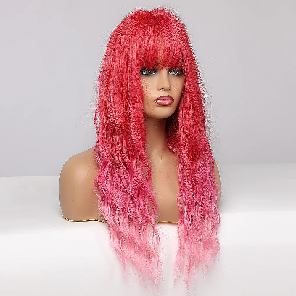 Длинные ombre розовые красные розовые синтетические парики косплейные водяные волна парик с челкой для чернокожих женщин афро термостойкое волокна