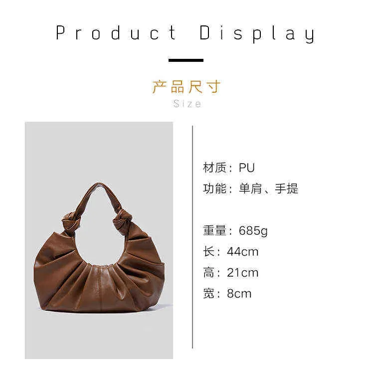 Shoppingkassar Mode Designer Underarm Retro PU Knot Tote Kvinnors Ruched Handväskor Casual Shoulder Shopper Portable Pouch Clutch 220301