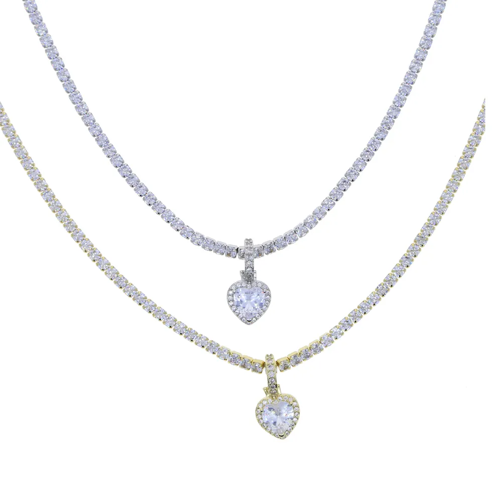 2021 Valentines Day Gift Jewelry 5A Cubic Zirconia 3mm CZ Tennis Chain Halo Heart Pendant Ice Halsband för flickvän257i