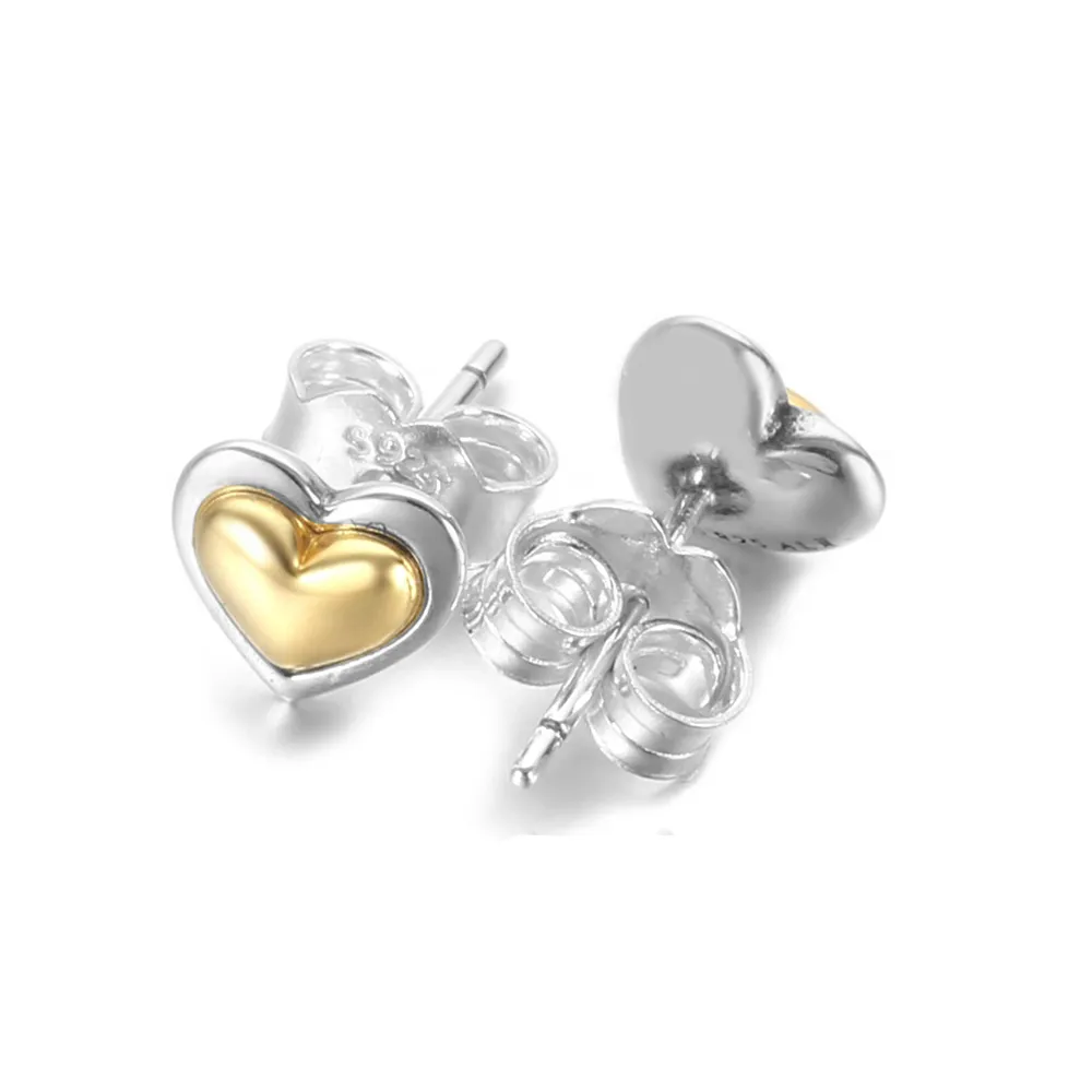 925 Sterling Silver Bombed Golden Heart Stud Boucles d'oreilles pour Pandora Pour Femmes Anniversaire Fête Des Mères Cadeau De Luxe Amour Bijoux