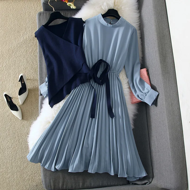 Otoño invierno vestido de dos piezas conjunto elegante manga larga punto delgado midcalf vestido largo plisado 2 piezas traje trajes de primavera High Street 201008