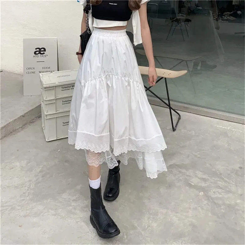 Black Gothic Lace Stitching Irregular Pleated Skirt Women White Vintage High Waist Long Korean Solid Hip Hop Streetwear 220224