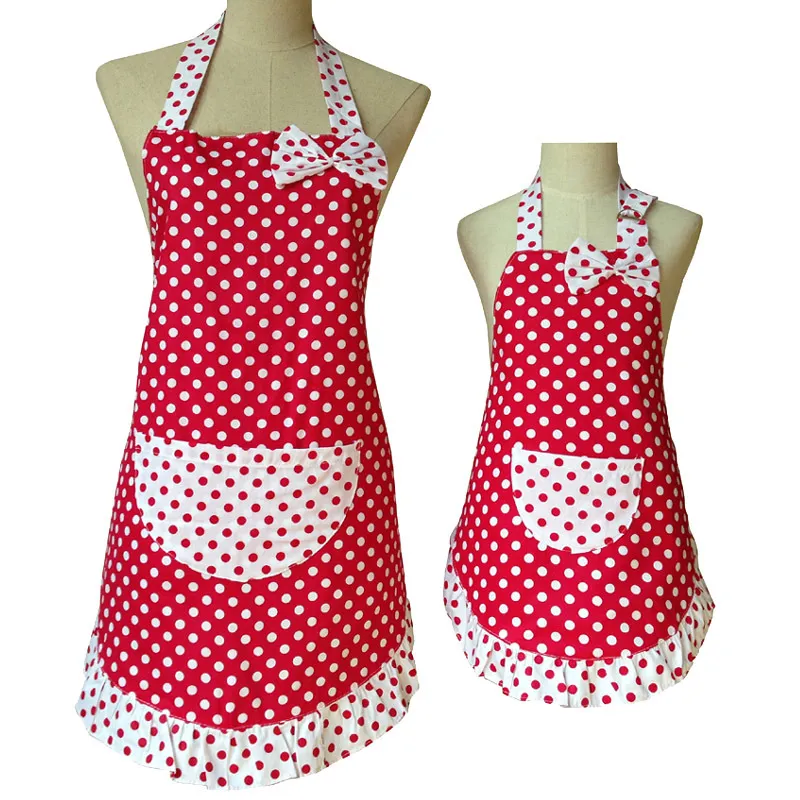 Lovely Cute Bowknot Mother and Daughter Apron Cotton Polka Dot Ruffled Kitchen Apron Avental de Cozinha Divertido 2010072393224