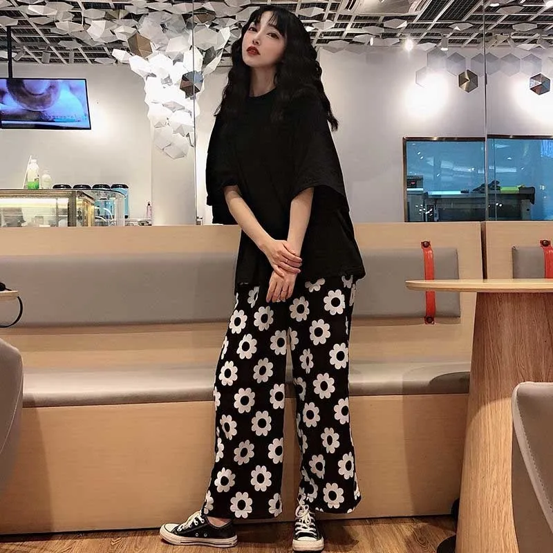 Lolita style autumn Korean ulzzang Harajuku personality hip hop street flower print loose wide leg pants ankleleng 201113