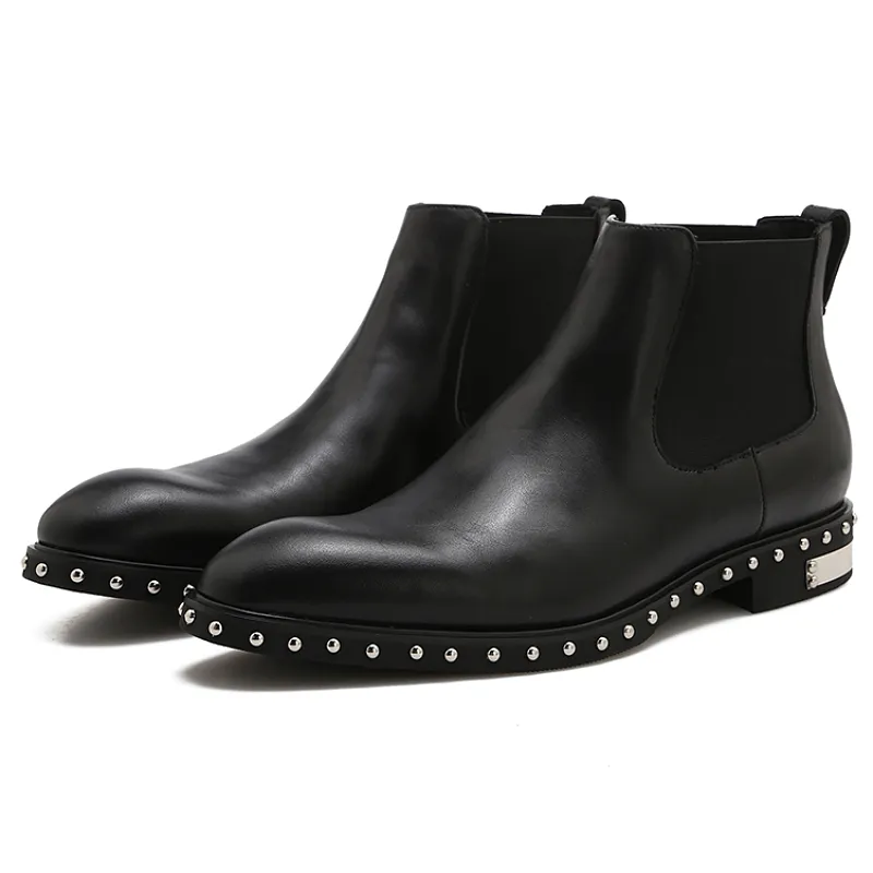 Hiver Rivet noir hommes bottes bout pointu Chelsea bottes sans lacet à la main en cuir véritable bottines pour hommes