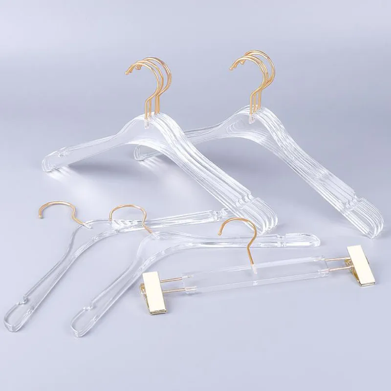 Top Grade Clear Acrylic Crystal Clothes Suits Hanger with Gold Hook Transparent Acrylic Pants Hangers with Gold Clips 20121991