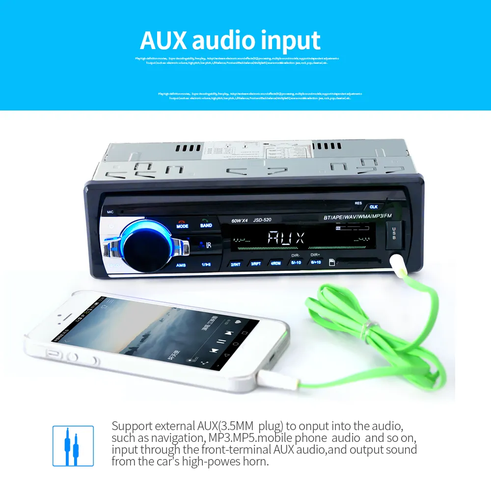 JSD520 ISO 12V Bluetooth autoradio intégré au tableau de bord 1 Din FM prise en charge de l'entrée auxiliaire Mp3/MP4 USB MMC WMA AUX IN TF lecteur Radio