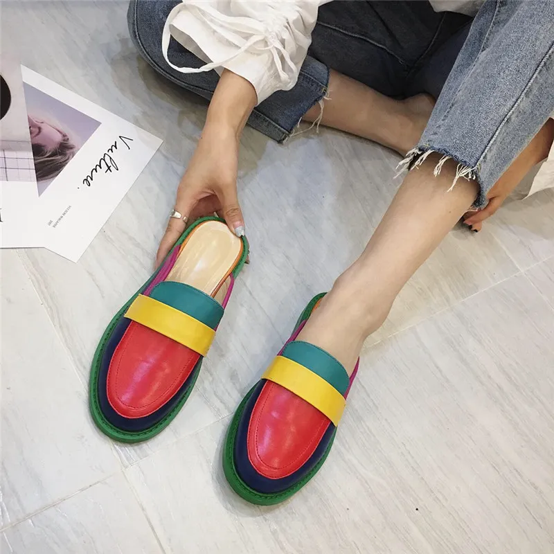 NIUFUNI Fashion Rainbow Color Womens Slippers Shallow Casual Slides Round Head Flat Shoes Slip On Summer Beach Shoes Y200423