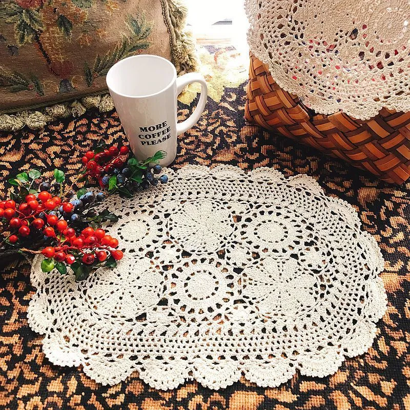 Vintage Cotton Handmade Crochet Flowers Doily Dining Mat Placemat Oval Tablecloth Wedding Banquet Decor Mantel Individual Pad T200703