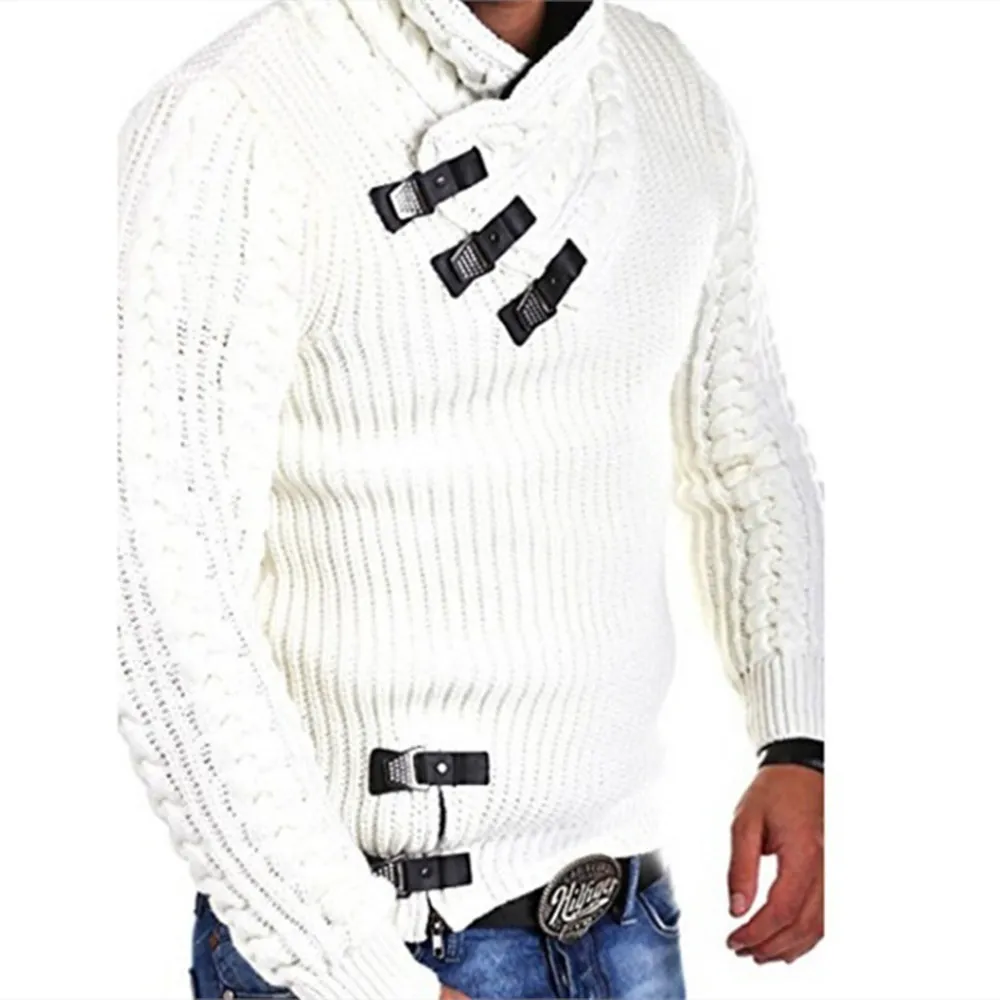 Pull pour hommes de mode couleur unie en cuir boucle couture à manches longues chandails minces pour hommes automne hiver mâle pull tricoté 201022