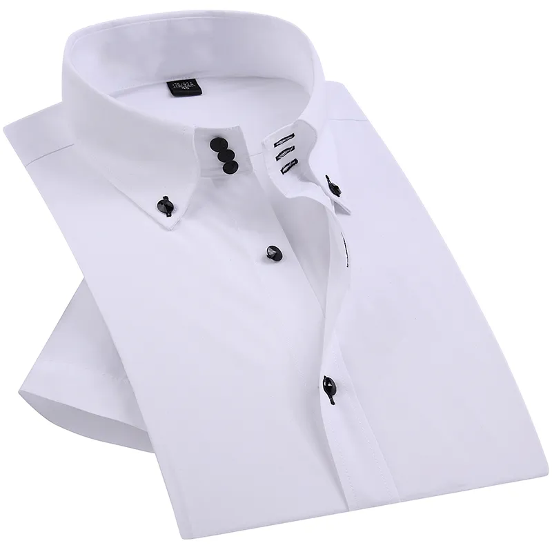 Zomer Smart Casual Diamond Knoppen Mens Jurk Shirt Witte Korte Mouw Luxe Hoge Kraag Slanke Fit Stijlvolle Business Blouse C1222
