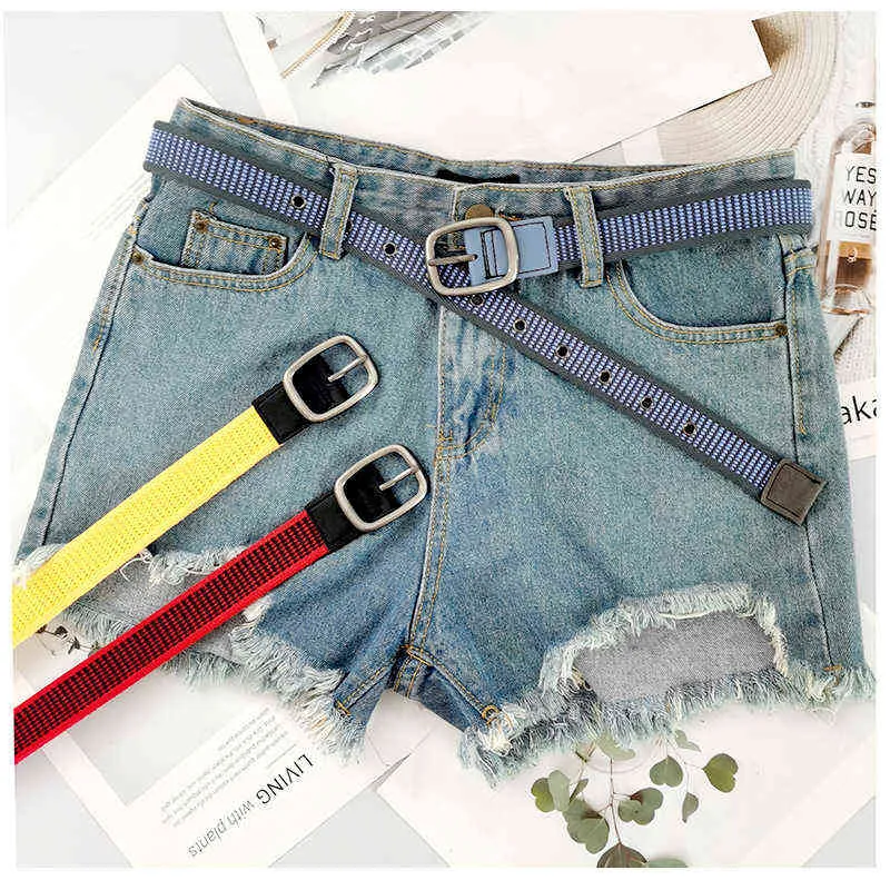 Nieuwe stijl dames weefsel riem pin gesp canvas dames jeans riem 3cm veelzijdige eenvoudige denim blauw Koreaanse student broek tailleband G220301