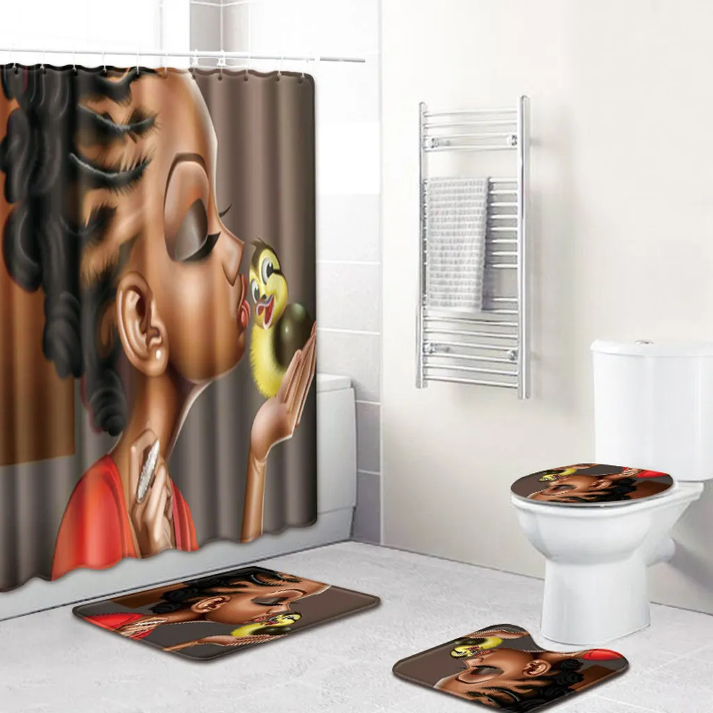 패션 아프리카 스타일 멀티 타입 홈 방수 샤워 커튼 + 욕실 매트 러그 화장실 커버 목욕 패드 비 슬립 러그 세트 T200711