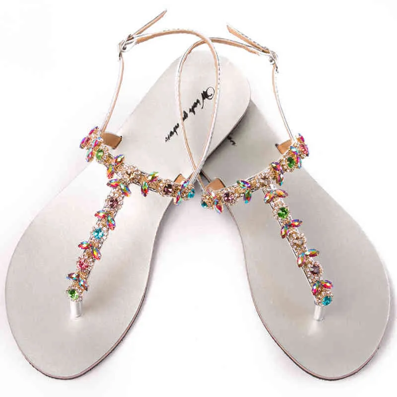 2022 NEW Women`s Summer Bohemia Diamond Sandals Lady Beach Shining Rhinestones Boho Shoes T-strap Thong Flip Flops Comfortable Y220209