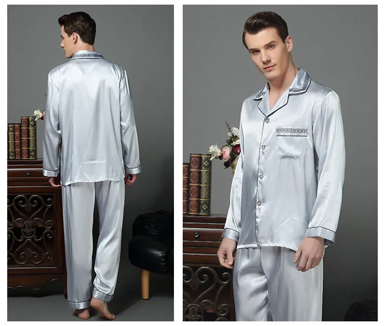 Pijama de seda masculino de primavera de luxo Conjunto de pijamas Men Menas de dormir Moderno estilo camisola de seda caseira masculina cetim macia para dormir T200813