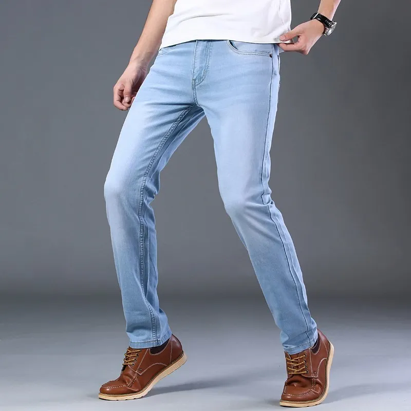 Sulae Brand Top Classic Style Men Ultraathin Jeans Business Casual Light Blue Stretch Cotton Jeans Male Brand Trousers 20111111111