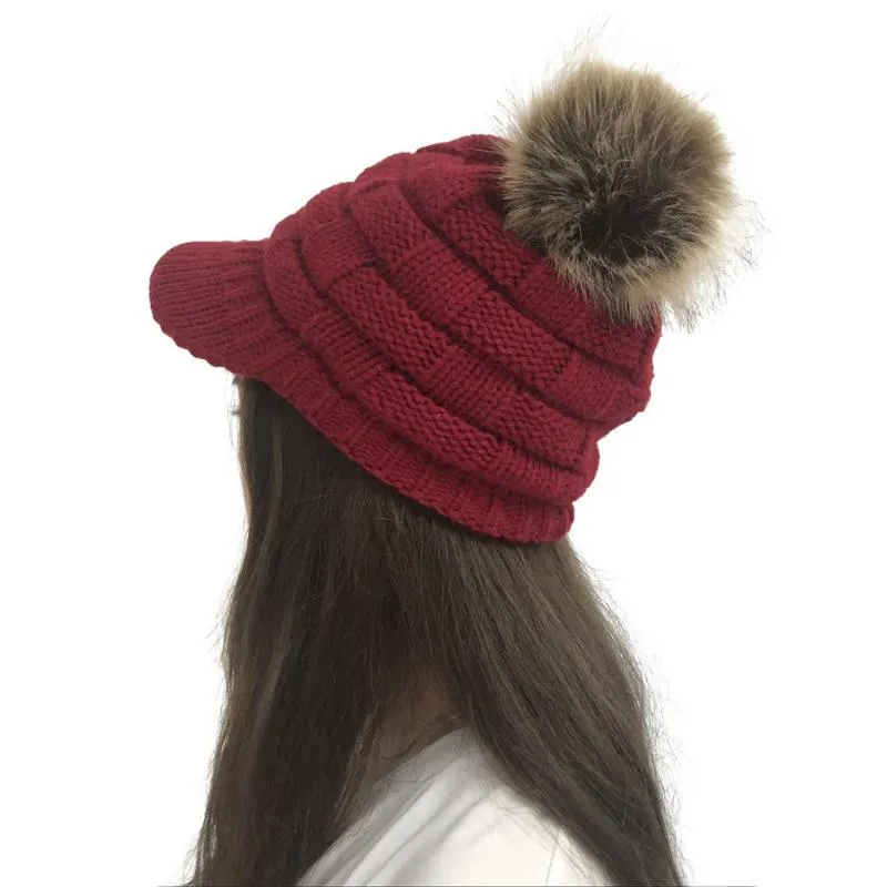 Crochet Baseball Cap Ski hat Women Winter Warm Knit Hat Pom Pom Fur Snow Ski Caps With Visor Beanie Drop269j