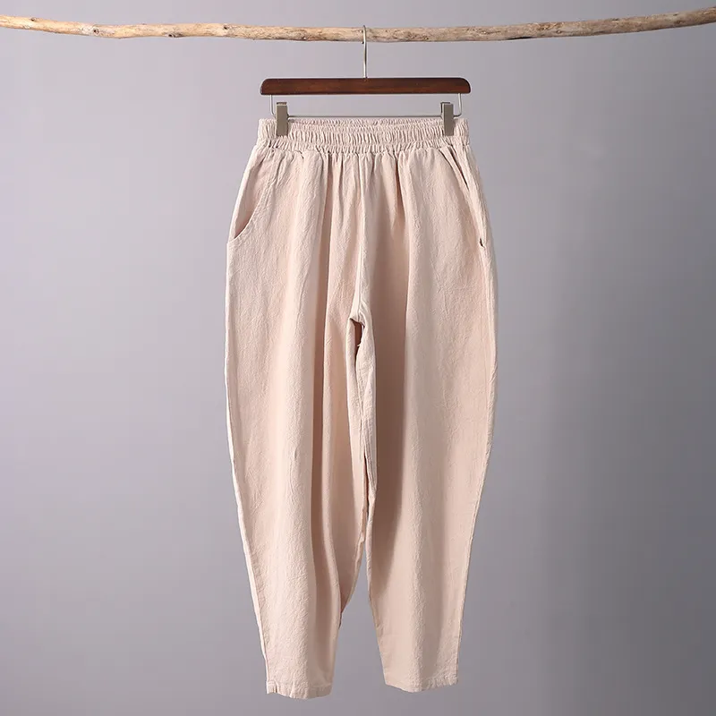 Johnature 2020 Summer Solid Color Cotton Linen Pants New Vintage Elastic Mid Waist Loose Women Ankle Length Harem Pants LJ201029