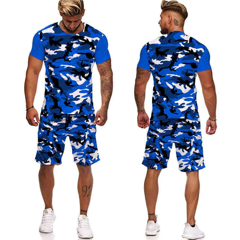 Yaz Camo erkek Fermuar T-shirt / Şort / Takım Elbise Erkek Kısa Kollu Askeri Kamuflaj Spor Set Unisex Rahat 2 Adet Eşofman G220224