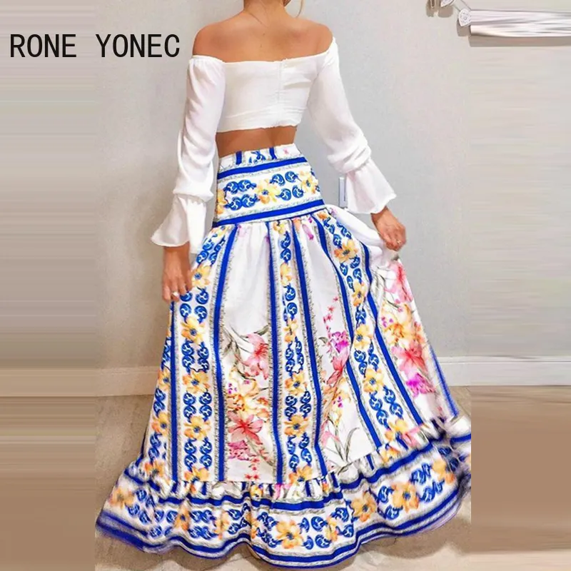 Women Chic V neck Off shoulder Long Flared Sleeves Solid Tops and All over Print bottoms skirt Sets 220302