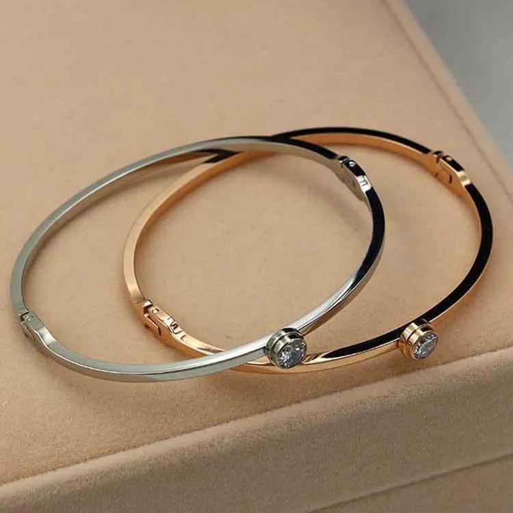 Armreif im koreanischen Stil, einfaches Einzeldiamant-Armband, Titanstahl, galvanisiert, 18 Karat Roségold, Paar-Armband268H