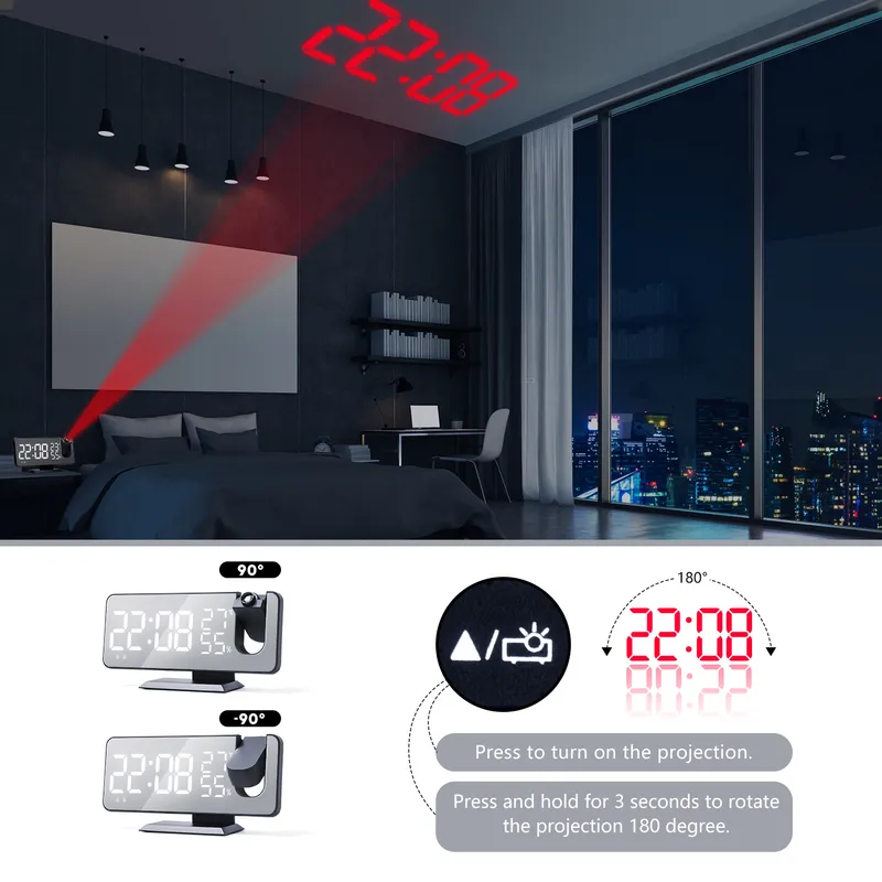 Mikrof çift yüksek sesle akıllı çalar saat projeksiyon yatak odası r dijital ile USB şarj büyük ayna led ekran 220311