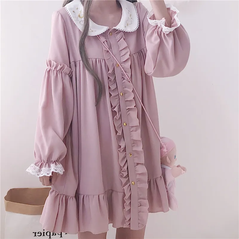 Woherb 2020 robe d'été femmes Harajuku rose dames à volants dentelle Patch Kawaii robes Lolita Cosplay doux lâche robes 21092 X1224