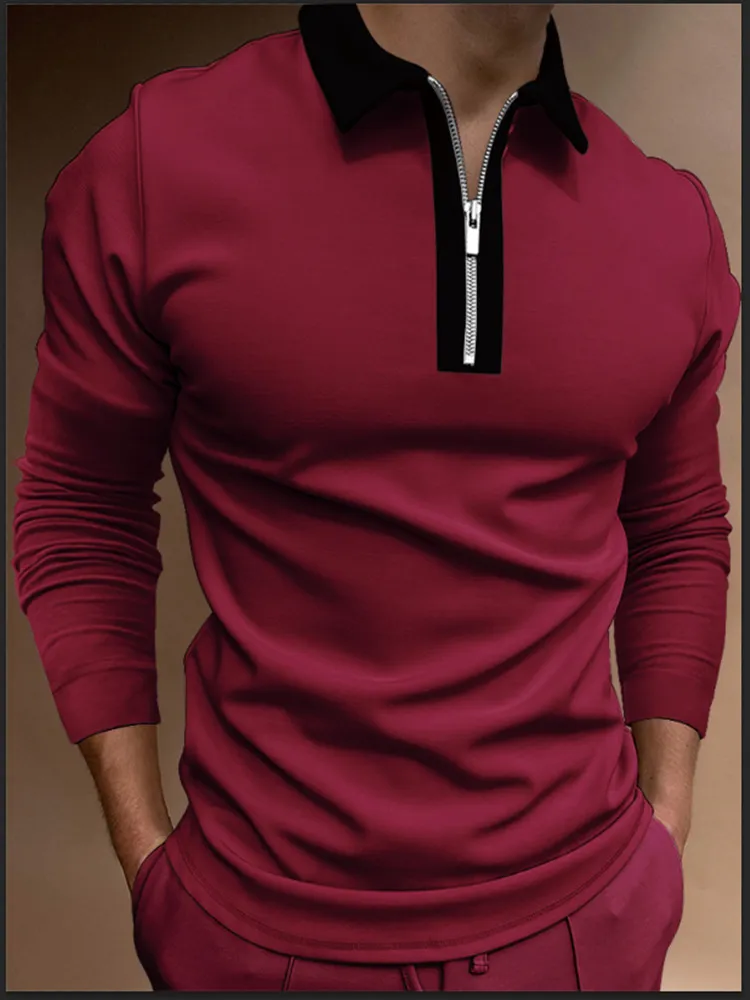 Fashion Patchwork Striped Long Sleeve Tops Male Casual Zip-up Turn-down Collar Polo Shirts Vintage Casual Men'sslim Pol 220308