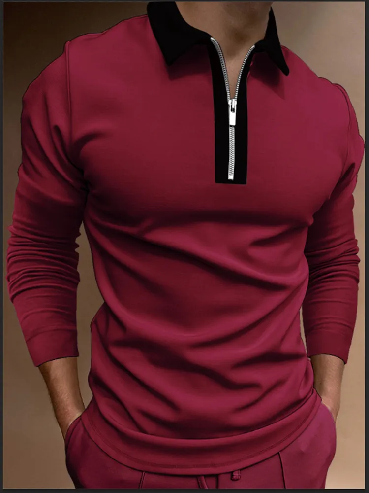Mode lapptäcke randig långärmad topps manlig casual zip-up turn-down collar polo skjortor vintage casual Men'sslim Pol 220308