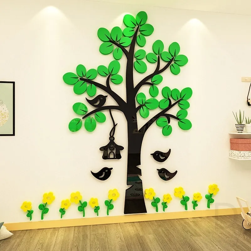Camera dei bambini fiore e uccello grande adesivo da parete albero 3d stereo scuola materna cartone animato decorazione della parete aula cultura T200421