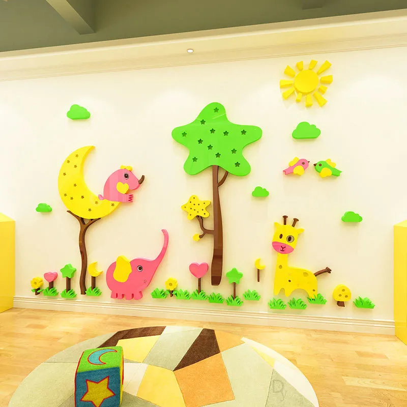 رياض الأطفال 3D ثلاثية الأبعاد ملصق الكارتون شجرة الحيوانات حيوانات الأطفال التعليمية الفصول الدراسية الثقافة الجدار T200421
