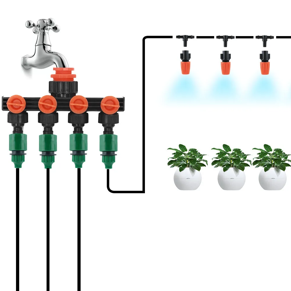 30m Automatisk vattenanordning Spray Kylning Vattenblomma Set 4-vägs Conector Intelligent Irrigation Drip DIY Garden Sprinkler T200530
