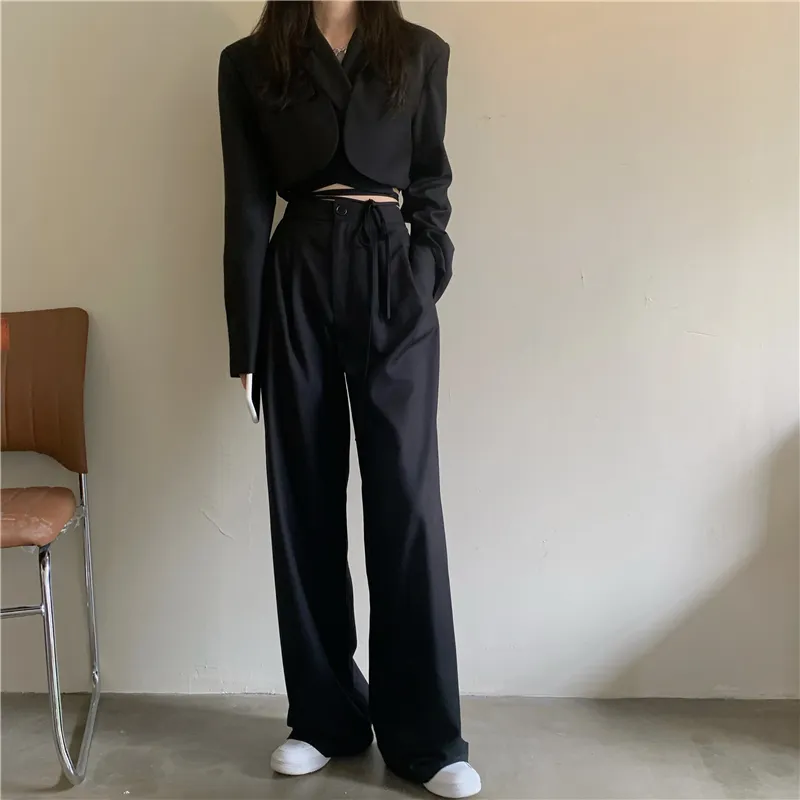 한국어 여름 두 조각 세트 여성 자르기 탑 섹시 레이스 업 블레이저 코트 + 높은 허리 바지 정장 세트 가을 streetwear 2 조각 세트 220308