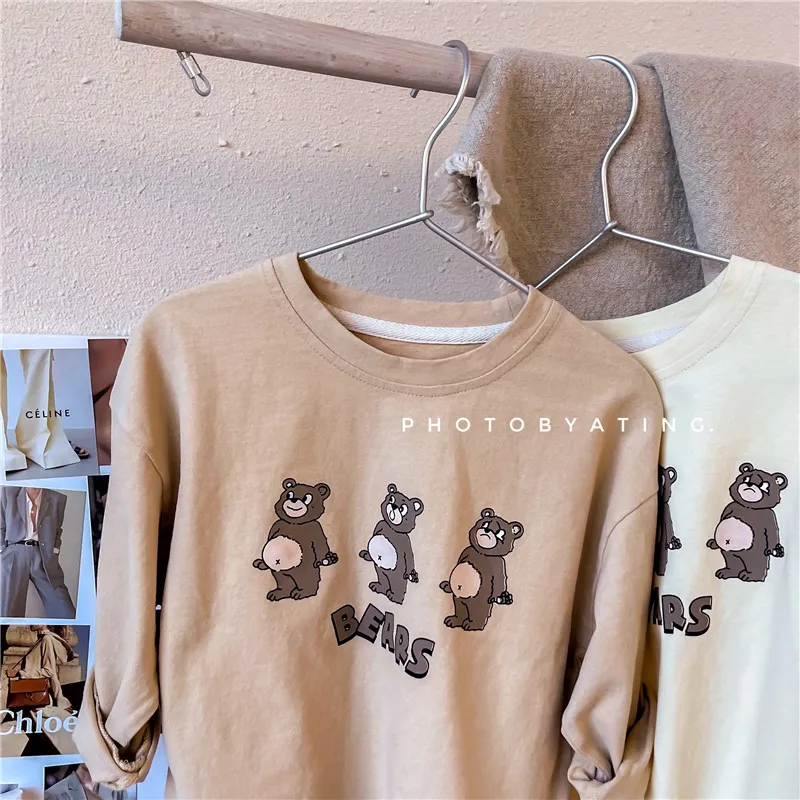 Vêtements pour enfants T-shirts Imprimer Filles Garçons Coton Enfants Ours T-shirt Bébé Toddler Tops Dessin Animé Complet À Manches Longues Vêtements 1-6Y 220216