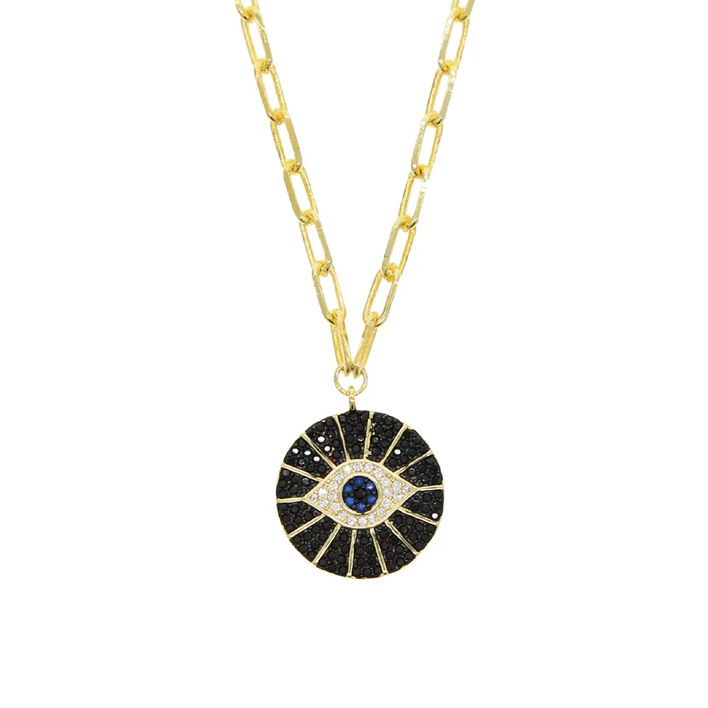 Gold filled black cubic zirconia round coin evil eye pendant necklace wide open link chain for women 2010147437917