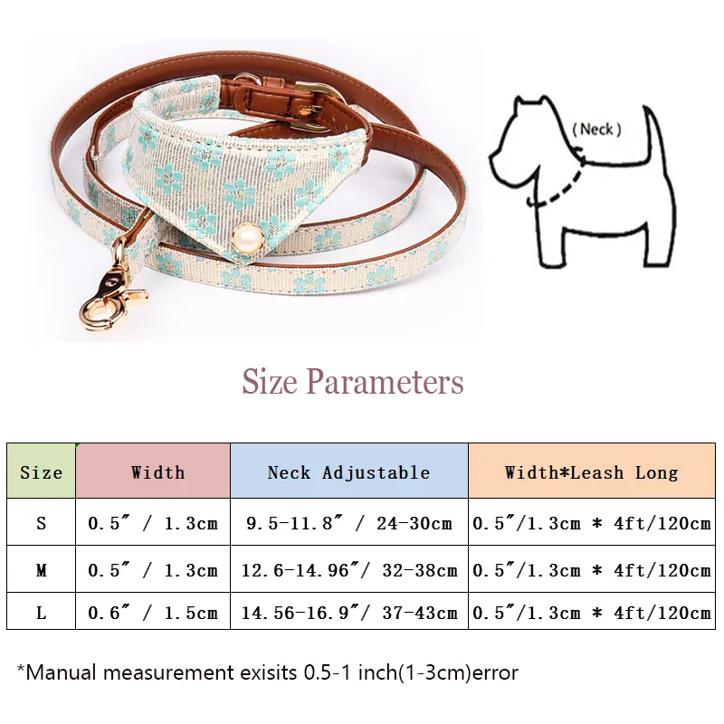 Adjustable PU Material Dog Collar Leash Set Fashion Flower Pattern Scarf Style Lace Cloth For Medium Small Dogs Leash 201125