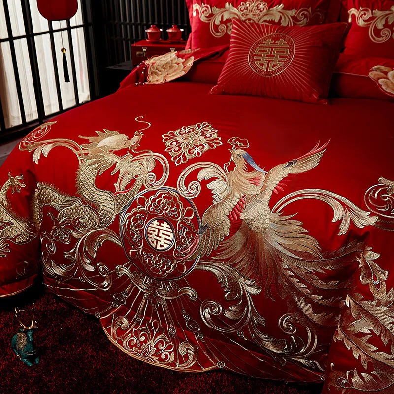 新しい赤の高級ゴールドフェニックスロング刺繍中国の結婚式100％コットン寝具セット布団カバーベッドシートベッドシートピローケースT200706