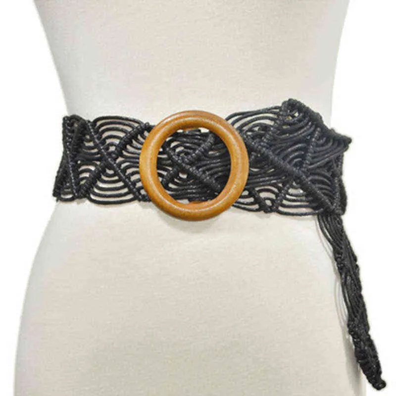 Vintage Brede Boheemse Riemen Voor Vrouwen Ronde Houten Gesp Geweven Gevlochten Touw Riem Vrouwelijke Casual Gehaakte Boho Jurk Tailleband G25537353