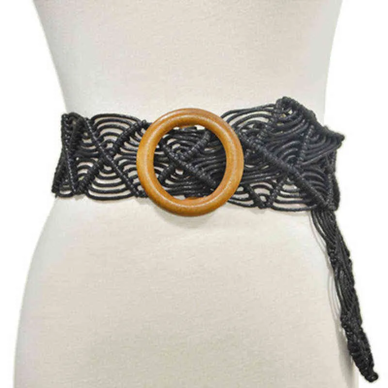 Vintage Wide Bohemian Belts For Women Round Wood Buckle Woven Braided Rope Belt Female Casual Crochet Boho Dress Waistband G25537353