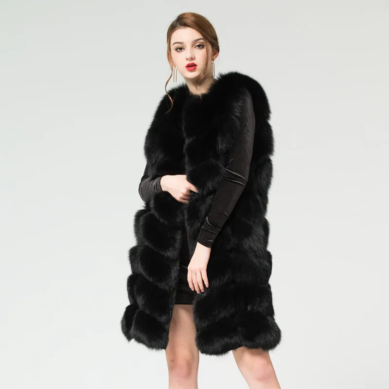 Real Fox Fur Vest Outerwear Futro Long Design O-Neck Sweter Kamizelka Kamizelka Kobiet 201212