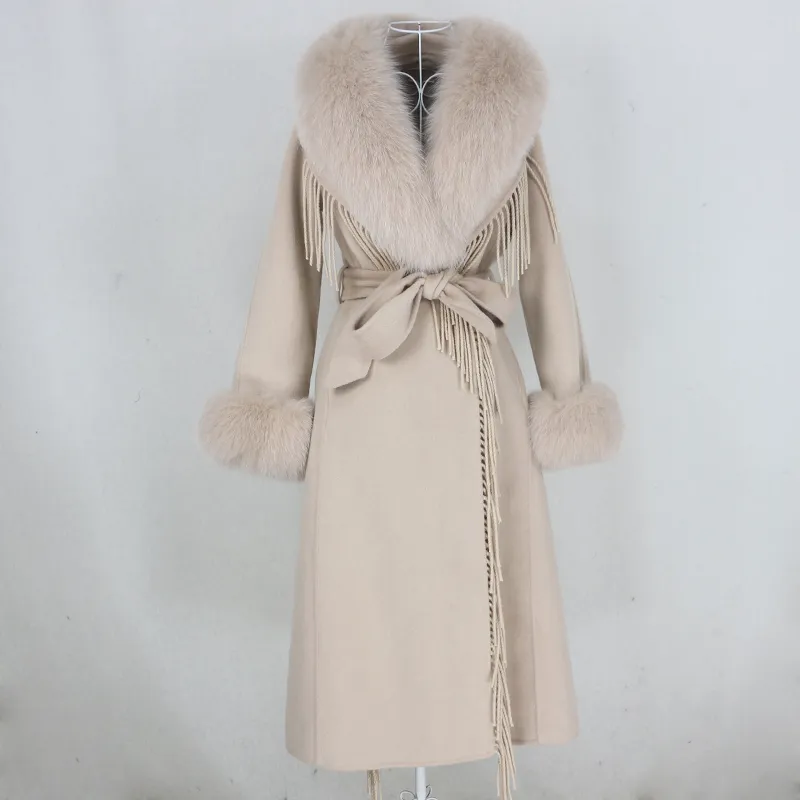 OFTBUY X-long Nappa Cashmere Lana Misto Vera Pelliccia Cappotto Cintura Giacca Invernale Donna Pelliccia di Volpe Naturale Collo Polsini Streetwear 201103