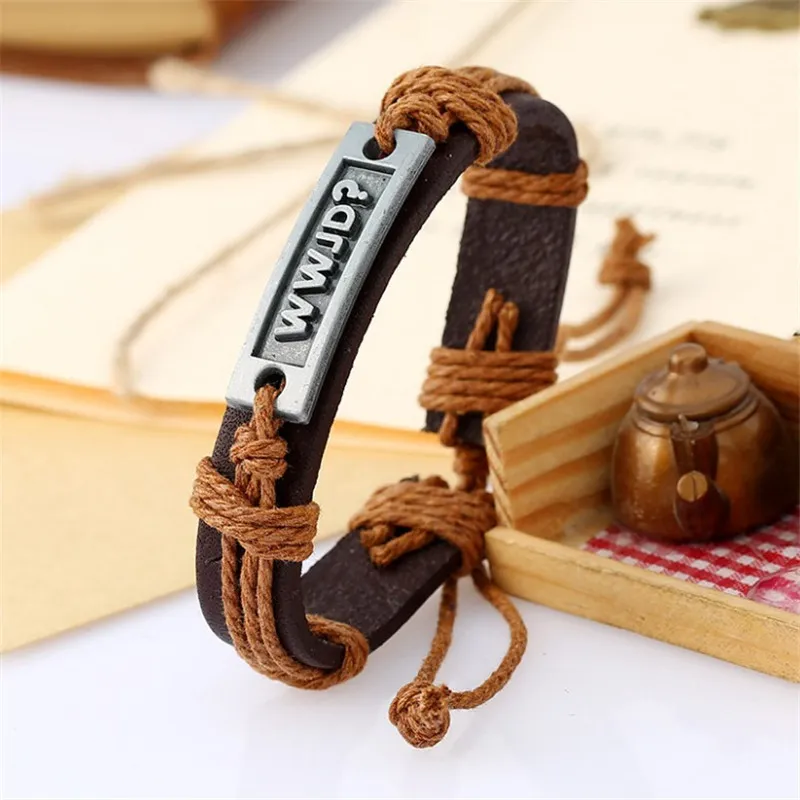 Bracelet ethnique en cuir WWJD Bracelet en cuir alphabet anglais Bracelet ethnique rétro populaire en Europe et en Amérique3412211