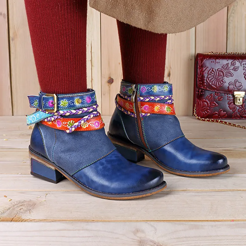 Socofy echte lederen dames laarzen vintage Boheemse enkelschoenen vrouwen schoenen zipper lage hiel dames schoenen vrouw botas mujer 2010202644956