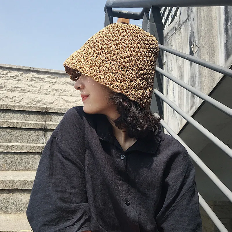 Cloche Straw Summer Paketle Plaj Kapağı Kadınlar El Yapımı Katlanabilir Şapkalar Güneş UV Koruma Kısa Kısa Kıç Kovası Şapka Y200714210J