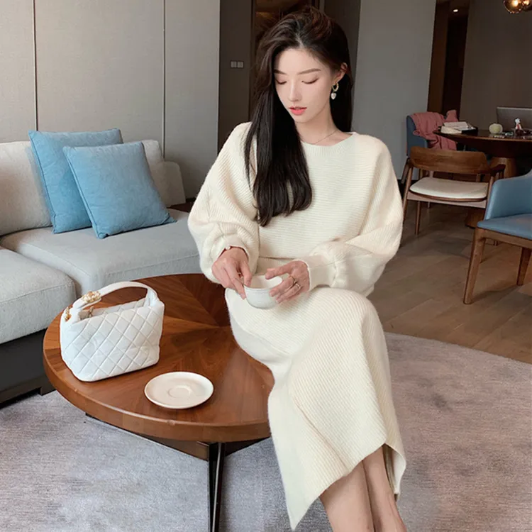 Korean Elegant Knitted Two Piece Skirt Sets Women Short Pullover + High Waist Long Suits Ladies Fashion 220302