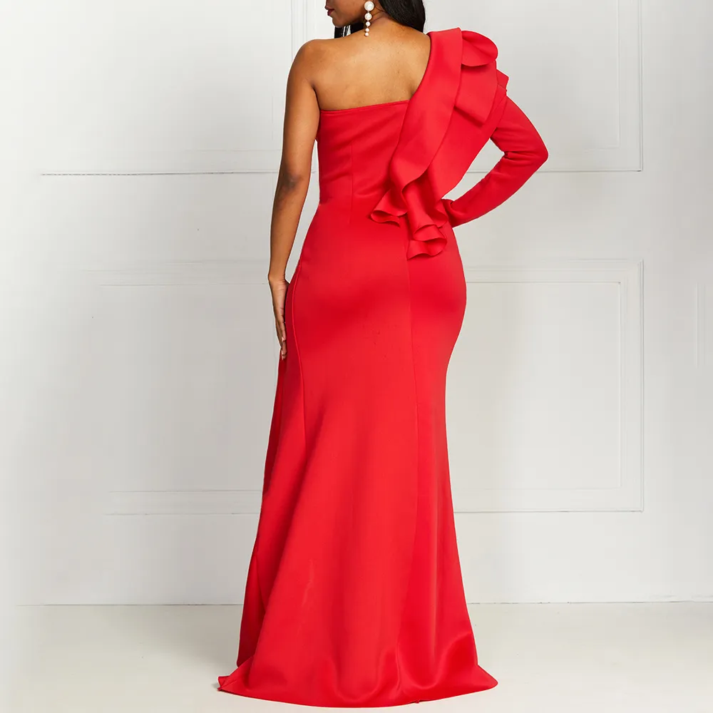 Afrikaanse stijl elegante partij sexy avond vrouwen lange jurken een schouder bodycon split vrouwelijke ruches maxi rode jurk plus size H1210