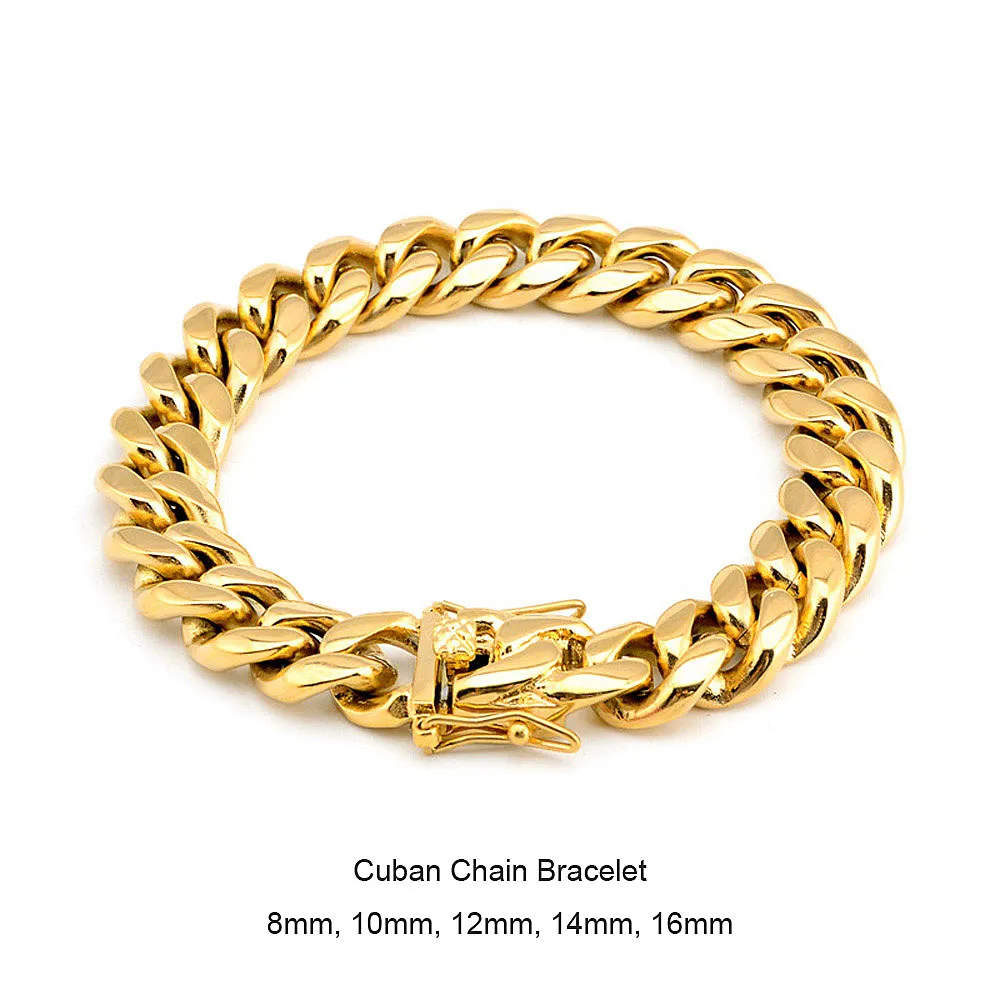 Men Women Stainless Steel Bracelet High Polished Miami Cuban Curb Chain Bracelets Double Safety Clasps Gold Steel 8mm 10mm 12mm 142139