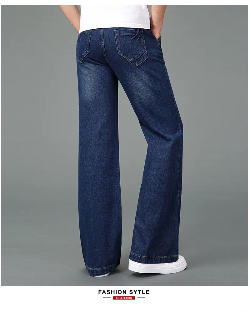 calça de jeans de jeans longos de perna larga de perna larga